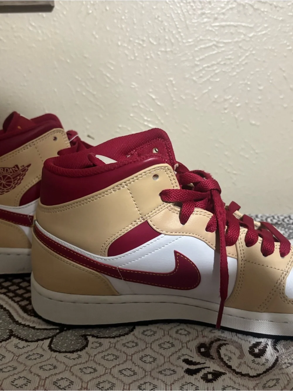 Jordan High-Top Sneakers in White, Beige & Burgundy. Size 9